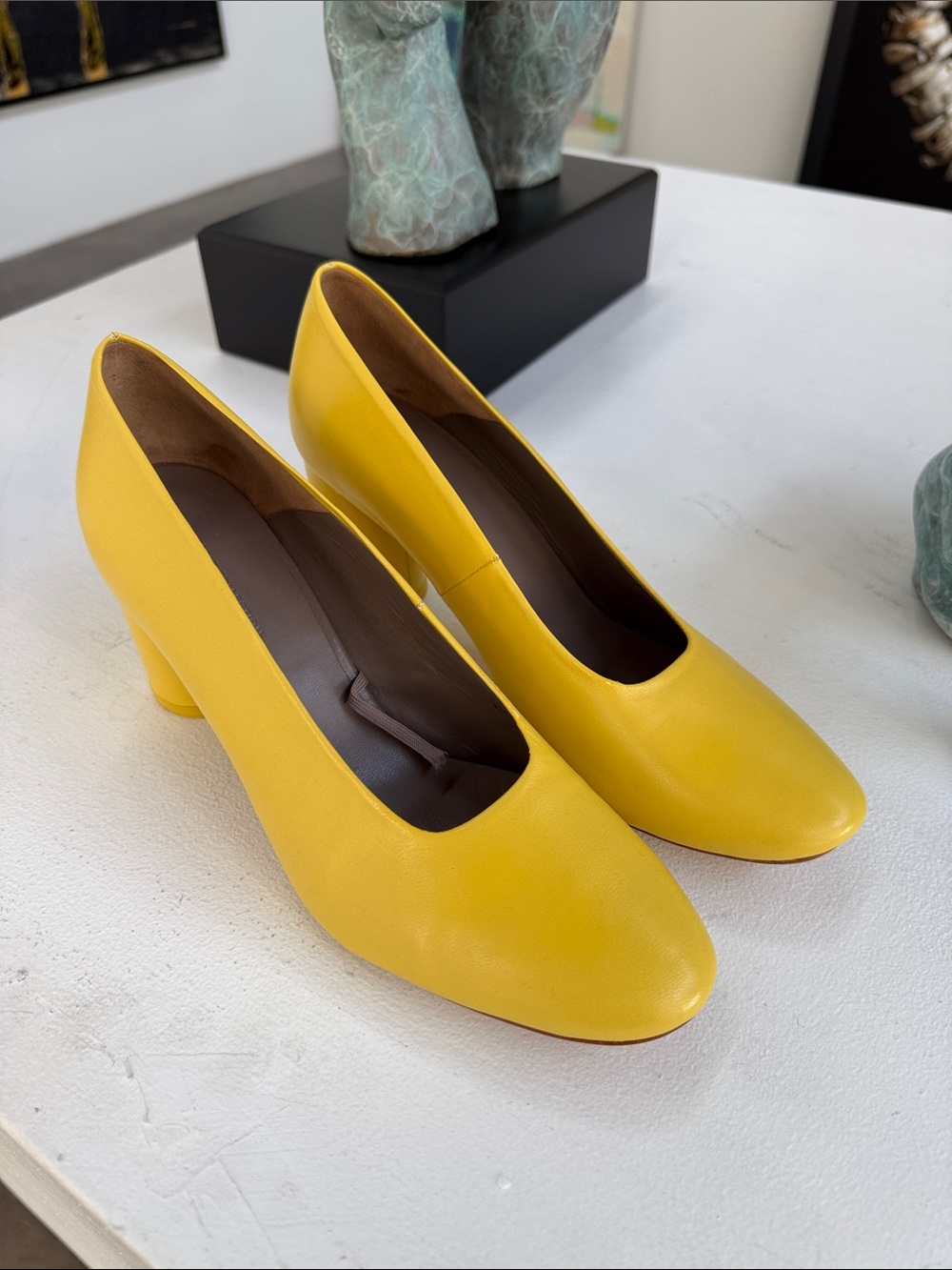 Zara Yellow Round-Toe Block Heel Pumps